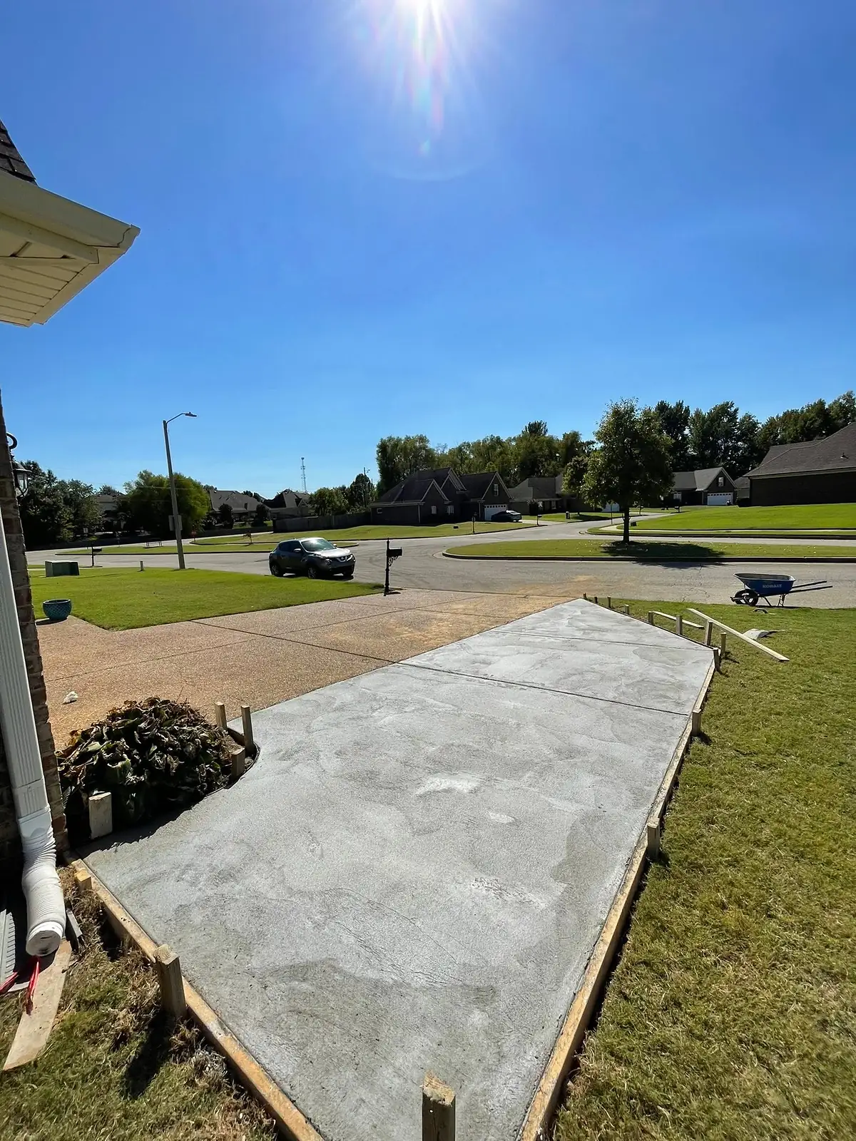 Freshly placed concrete slab with the forms still in place